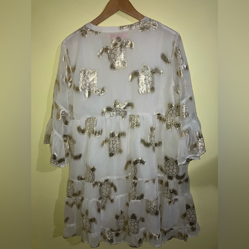 Simply Southern NEW Turtle Gold Sequin chiffon Baby Doll Tiered Full Dress L NWT - Picture 3 of 8